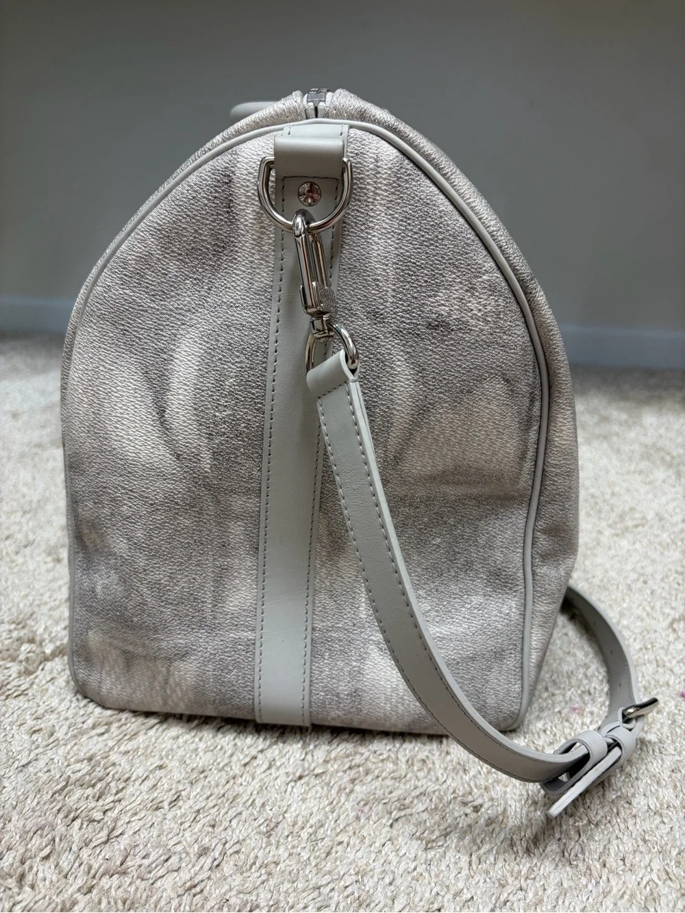 Louis Vuitton Grey Checkered Duffel with Tan Tag